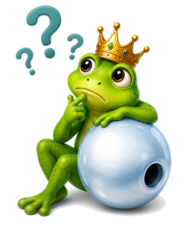 Nachdenklicher Gl&uuml;cksperle Frosch mit Fragezeichen