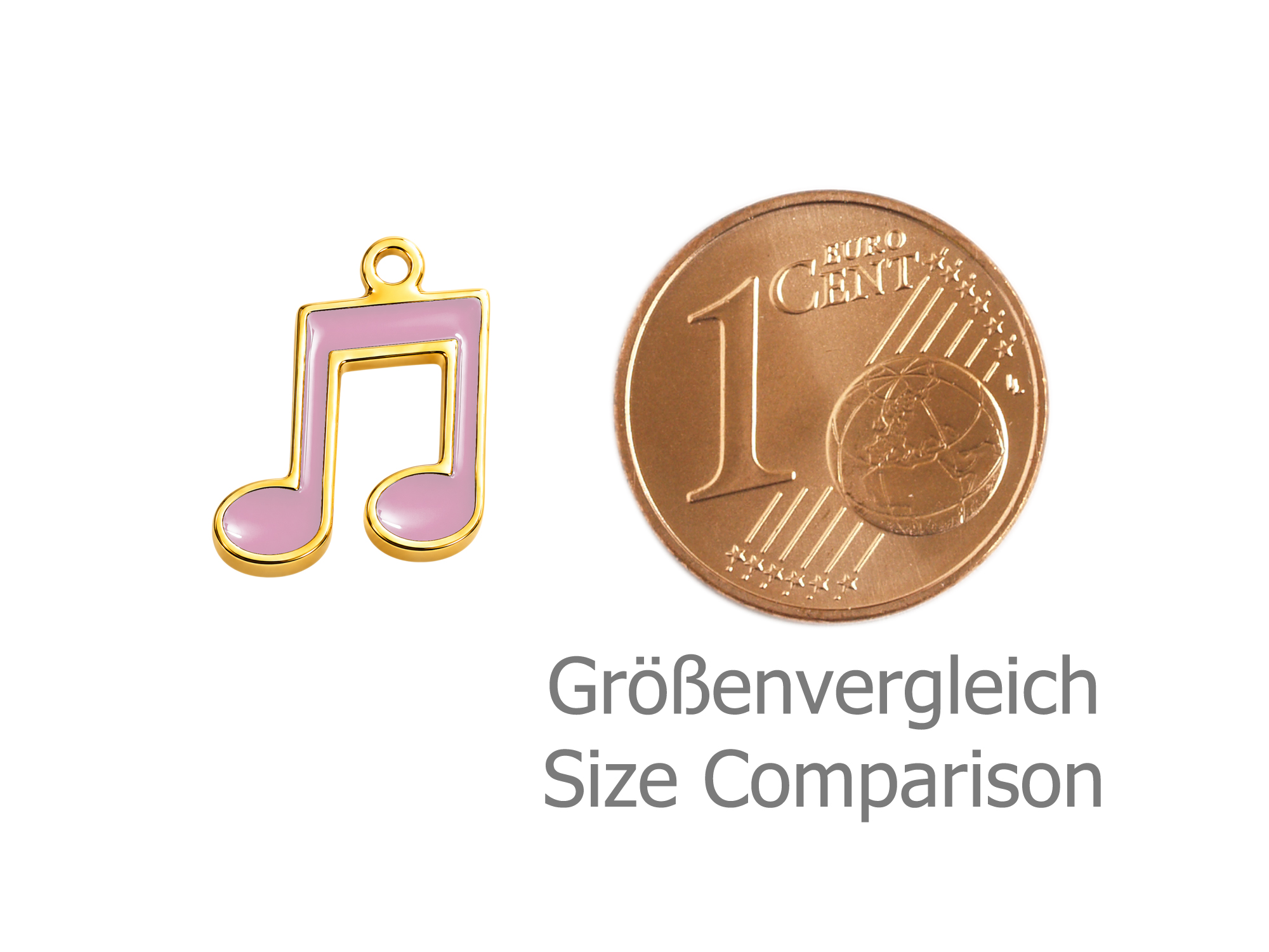 goldener Schmuckanhänger, rosa Musiknote - Größenvergleich