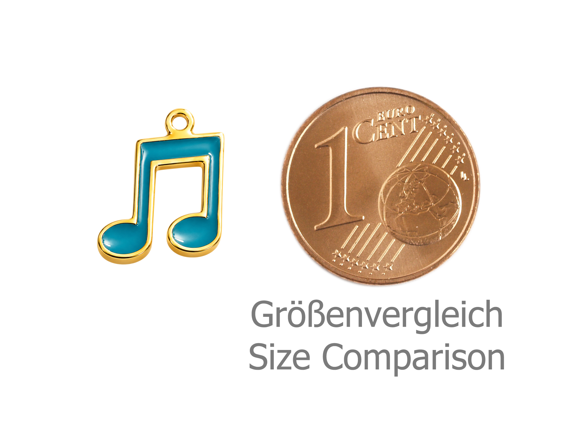 goldener Schmuckanhänger, türkise Musiknote - Größenvergleic