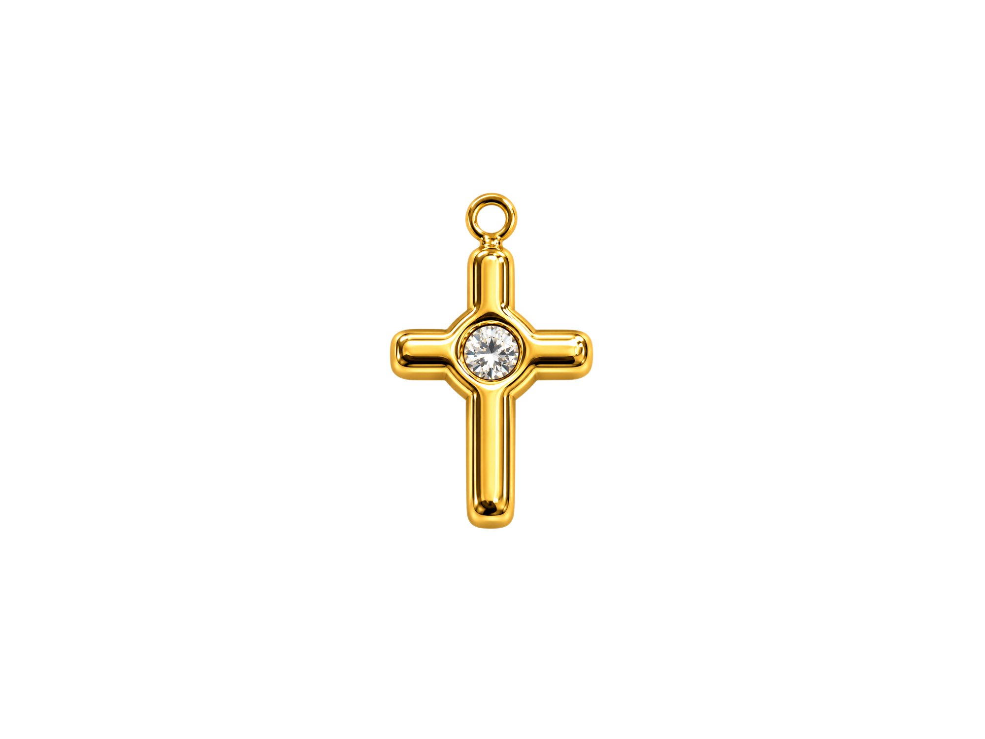 kleiner goldener Kreuzanhänger mit einem Glitzerstein in der