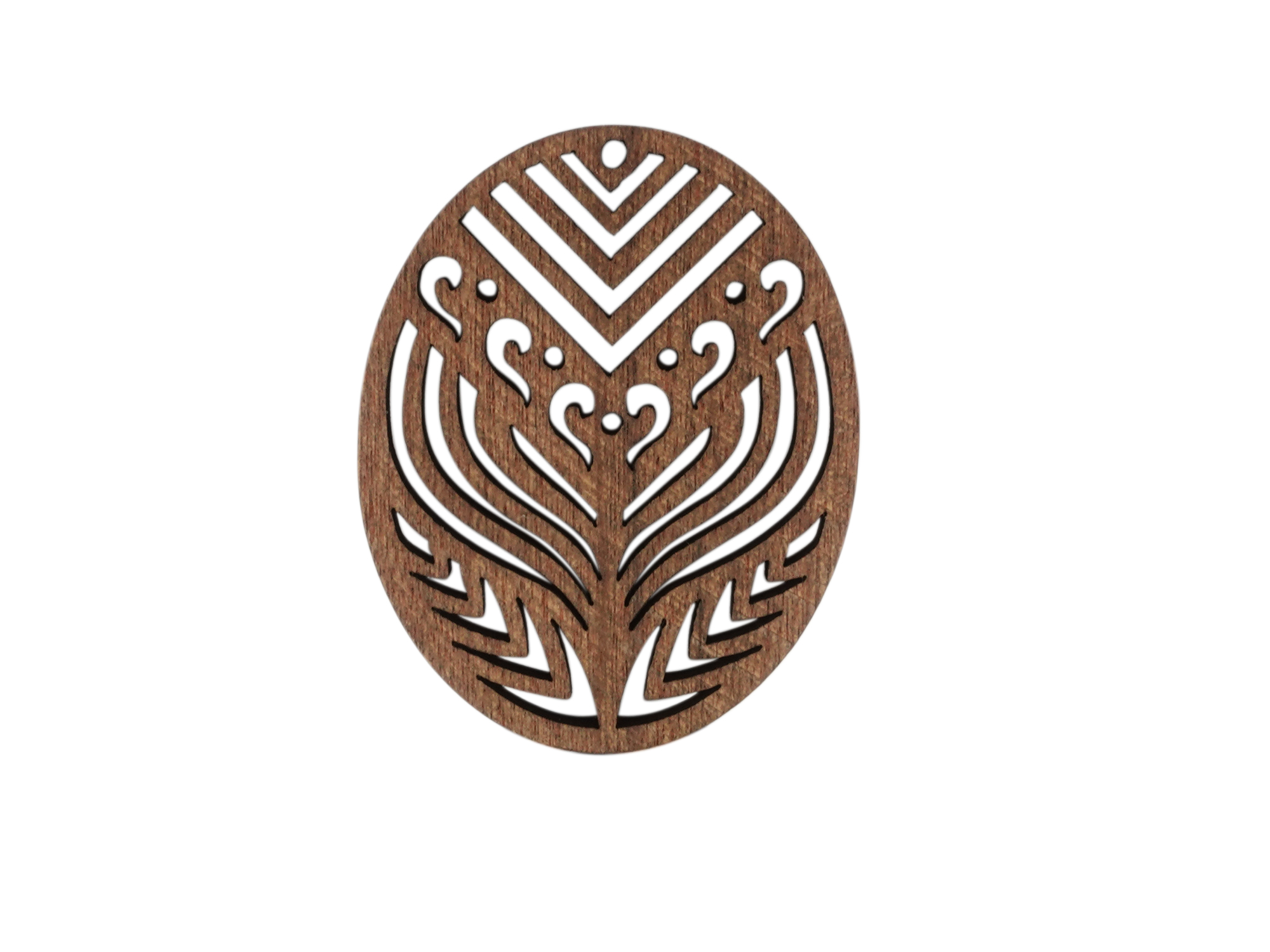 ovaler ornamentaler Holzanhängeraus aus Nussholz für Holzohr