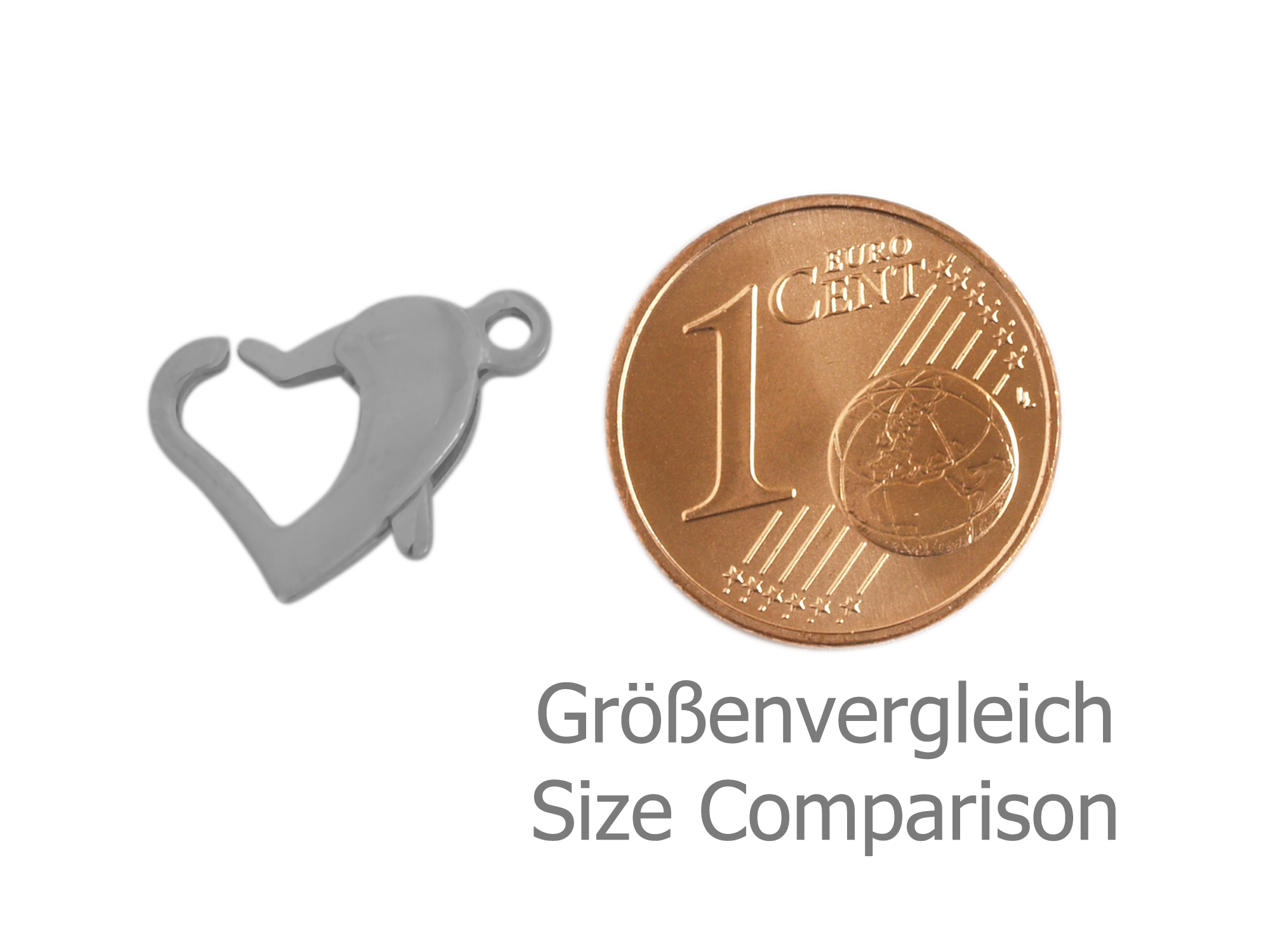 herzförmige Karabiner Schmuckschließe 14mm - Größenvergleich