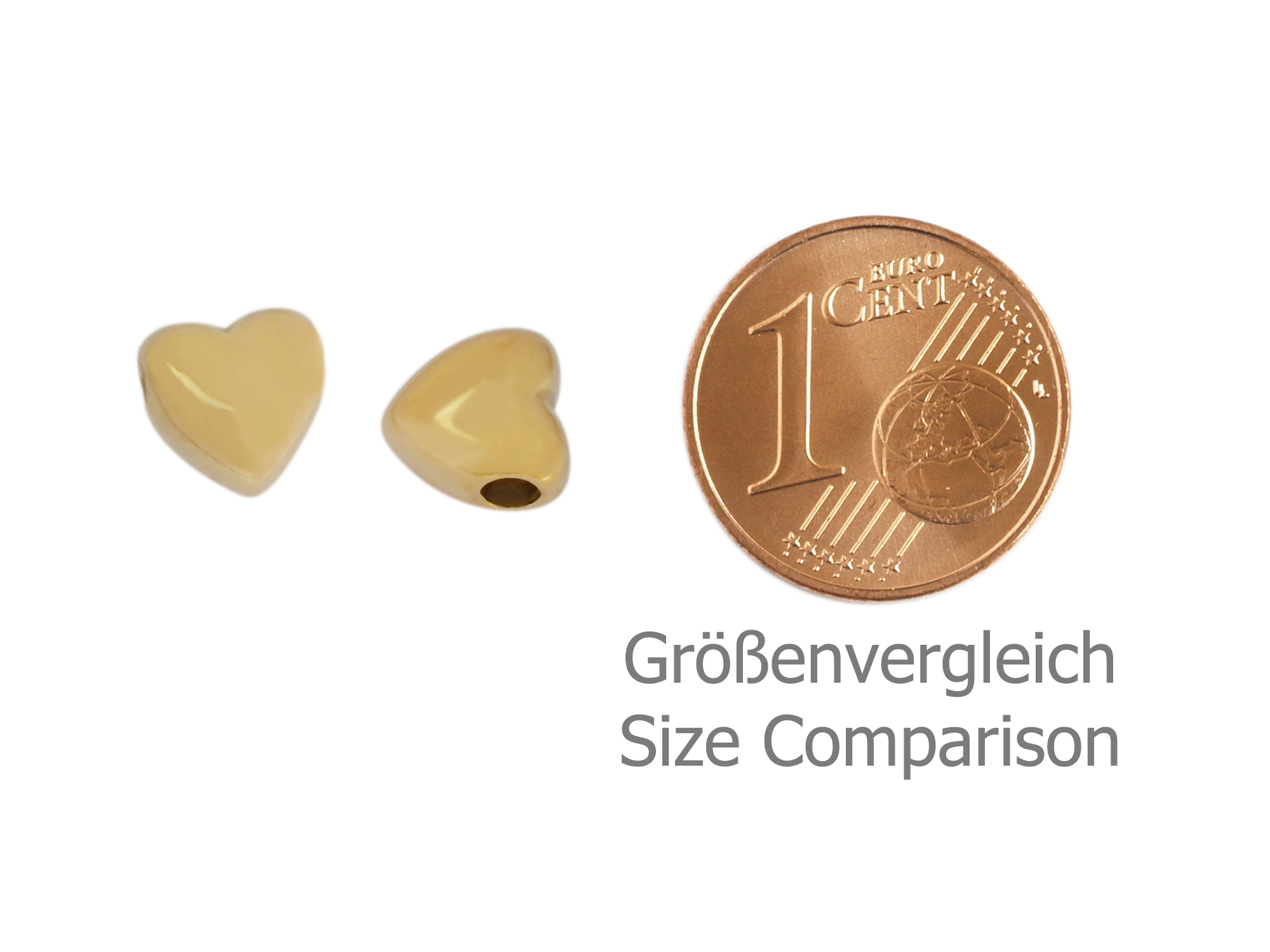 Metallperle goldenes Herz - Größenvergleich