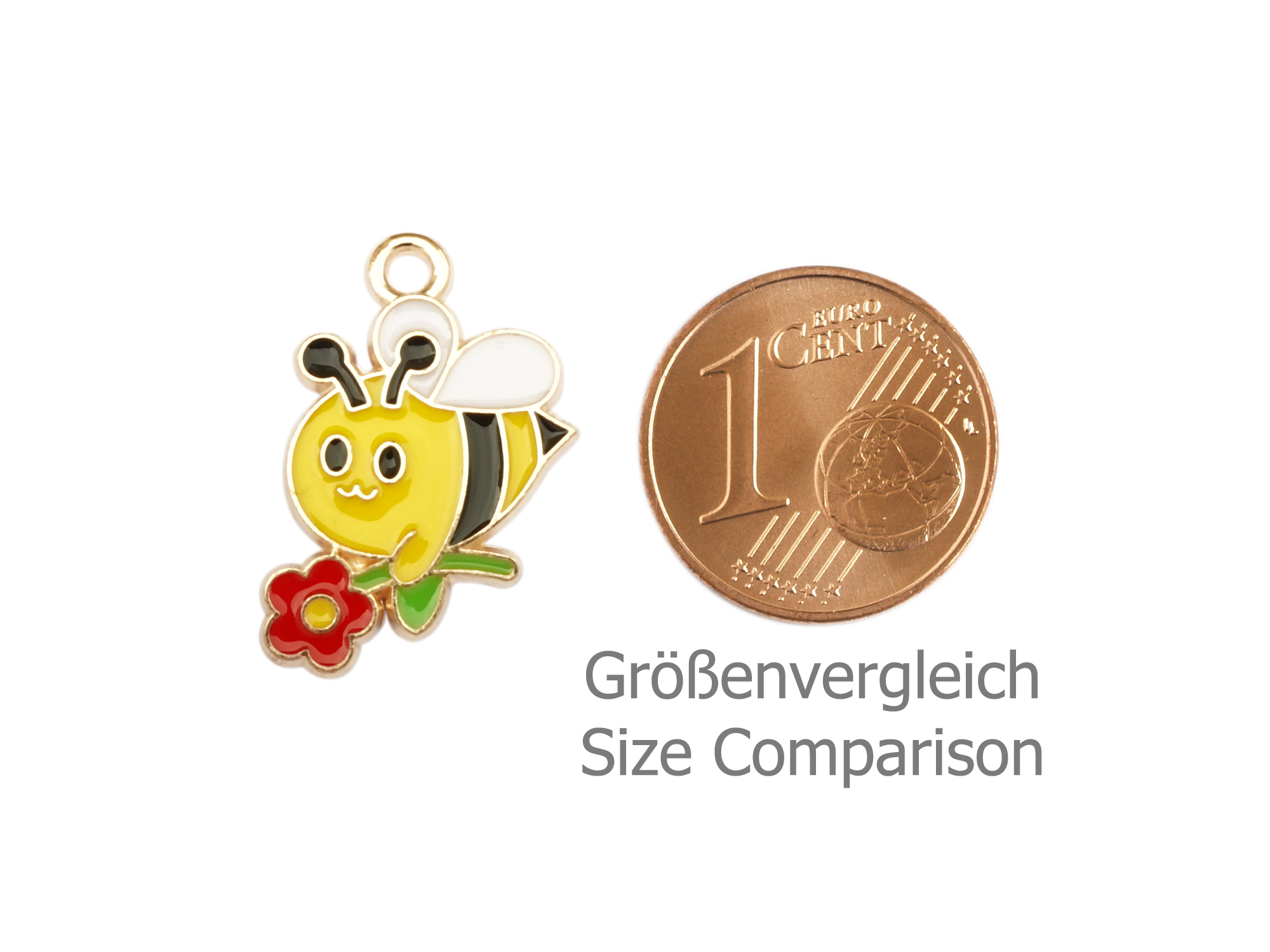 Schmuckanhänger - süße Biene mit Blume - Größenvergleich