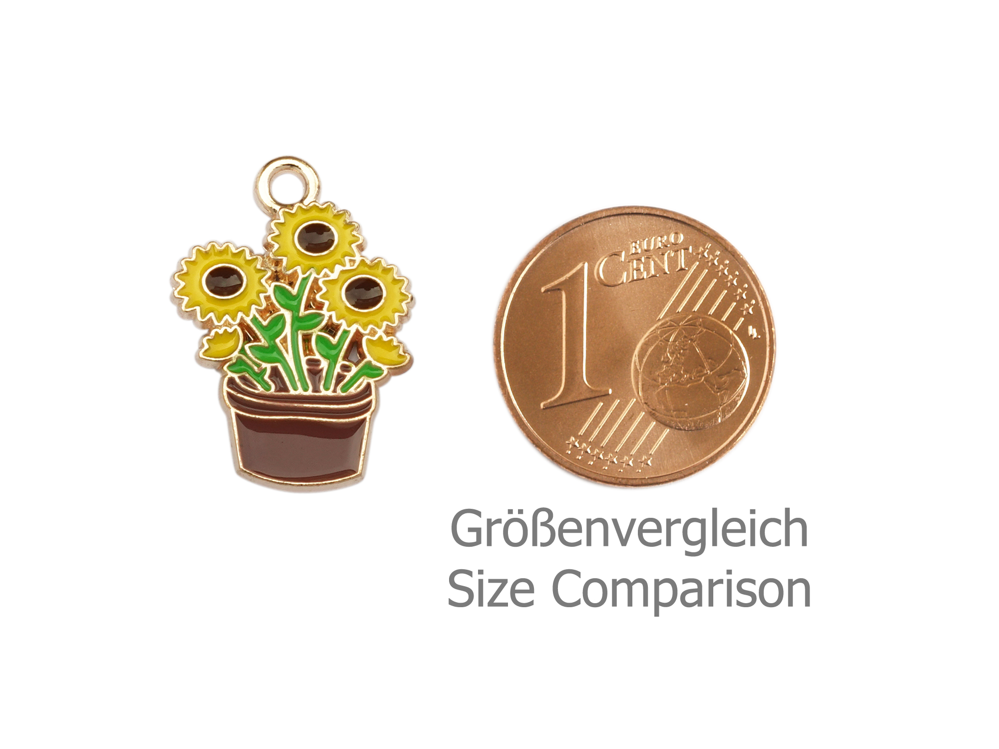 Schmuckanhänger - Sonnenblumen in einem Topf - Größenverglei