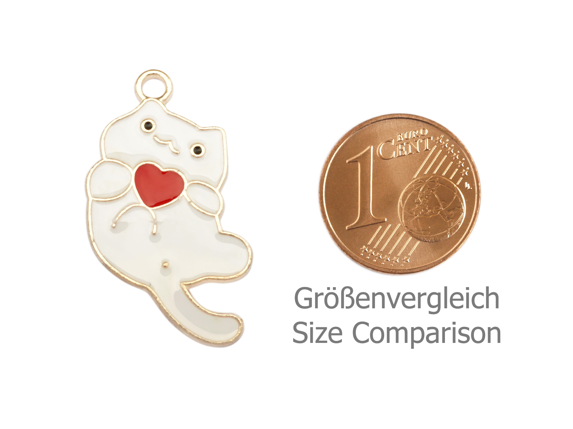 Schmuckanhänger - weiße Katze mit einem roten Herzen - Größe