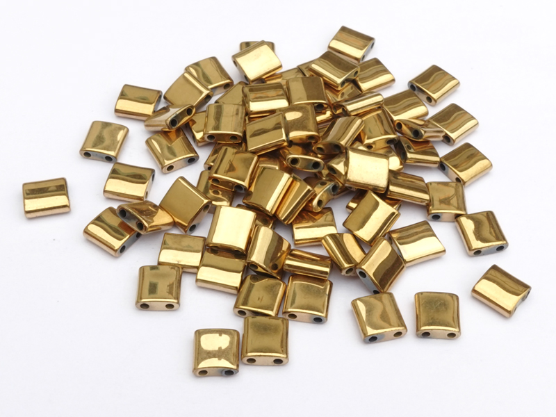 goldene Tila Perlen 5x5mm, Zweilochperlen aus Hämatitstein z